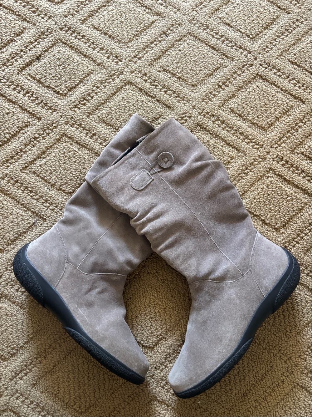 Women's Taupe Suede Mid-Calf Winter Boots with Button Accent